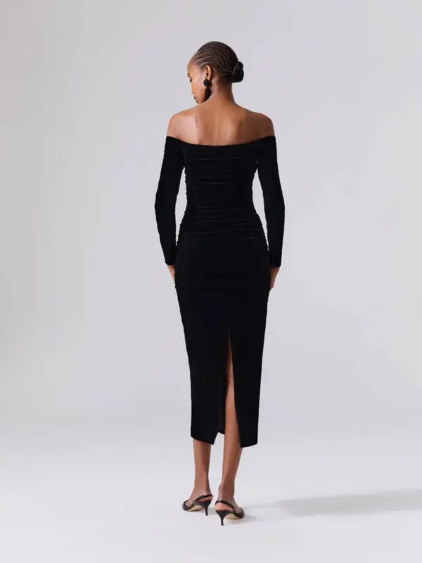 Off-The-Shoulder Ruched Velvet Midi Dress - Image 2