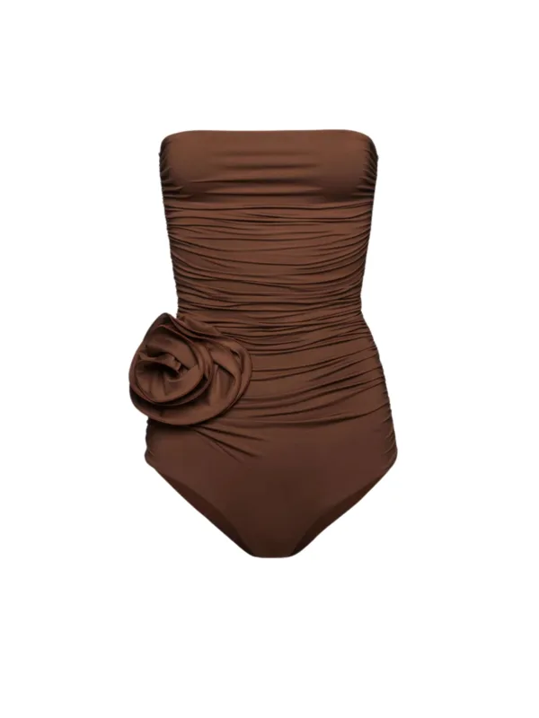 Floral Applique Brown Swimsuit